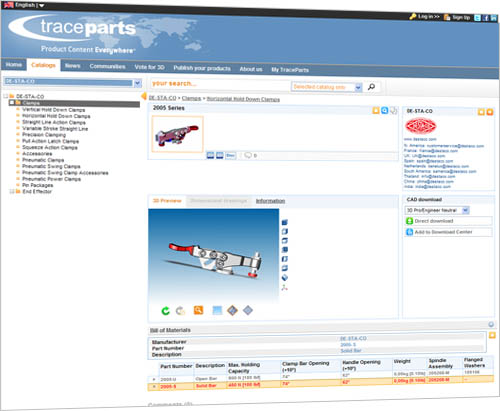 flexible automation leader DE-STA-CO is using the TraceParts Internet service to provide 3D product models for engineers and designers