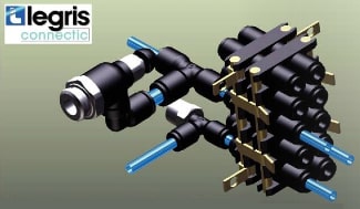 This assembly uses various Legris components for industrial fluids (metric tubing): modular plug-in connector, flow regulator and tees