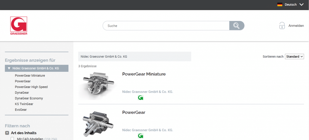 CAD-Teile von Nidec Graessner auf der Seite von TraceParts