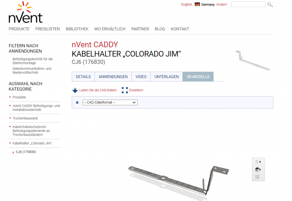 nVent - Produktseite mit 3D-Modell von TraceParts
